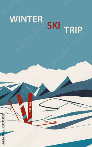 Winter ski trip. Skis and ski poles - abstract Mountains background - illustration, vector. Winter sport. Sports banner.