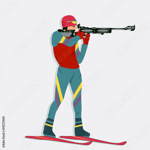 Biathlon. A biathlete, in full gear, looks into the sight of a gun - isolated on white background - illustration, vector. Winter sport.