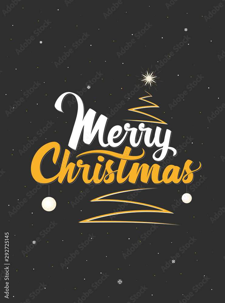 Merry Christmas. Handwritten lettering with Christmas tree and shining star. Template for banner, greeting card or invitations. Christmas decoration element. Vector illustration