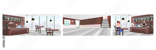 Cafe with panoramic view flat vector illustrations set. Coffeehouse guest and barista at counter offering drinks cartoon characters. Stylish restaurant with vintage brick walls and wooden furniture