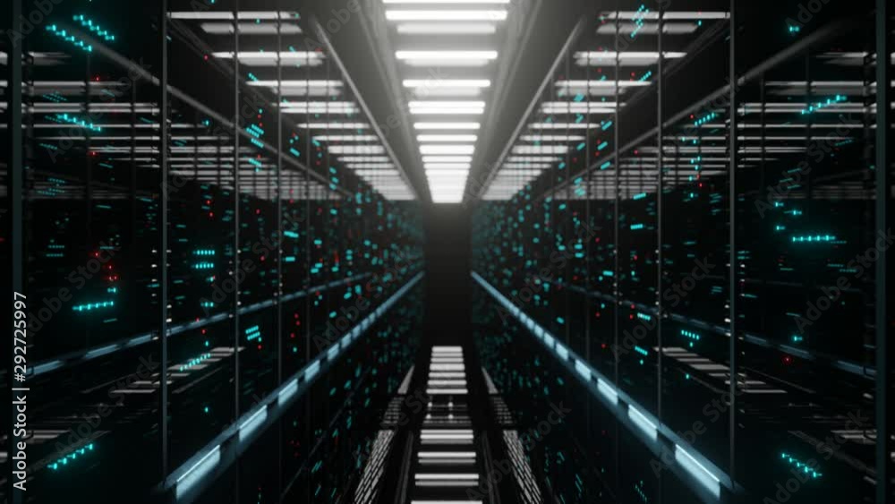 Data center with endless servers. Network and information servers behind glass panels.Server room with twinkling lights. 4K high quality loop animation