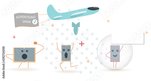 Airplane drops bomb. Mobile phones in panic. Phone spam protection. Ad blocking. Program protection from advertising managers, robots and spammers. Cartoon vector illustration. 