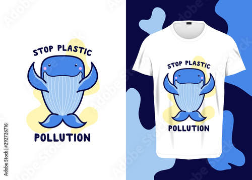 Cute blue whale nautical art with stop plastic pollution text illustration for t-shirt prints, posters and other uses. eps10