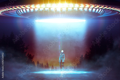 Close encounter with an Alien under a Flying saucer with ray lights on a road in Poster Mural XXL