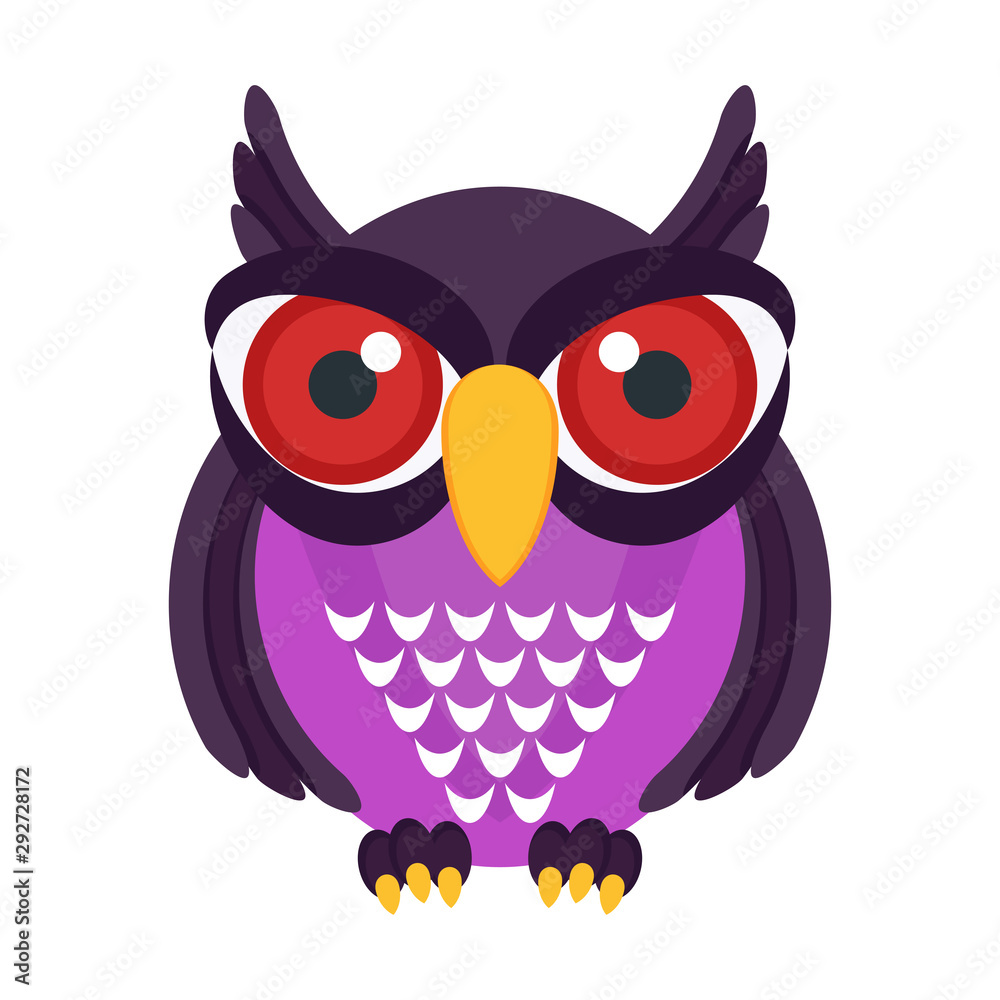 Fototapeta premium Evil owl with red eyes. Flat vector cartoon bird.