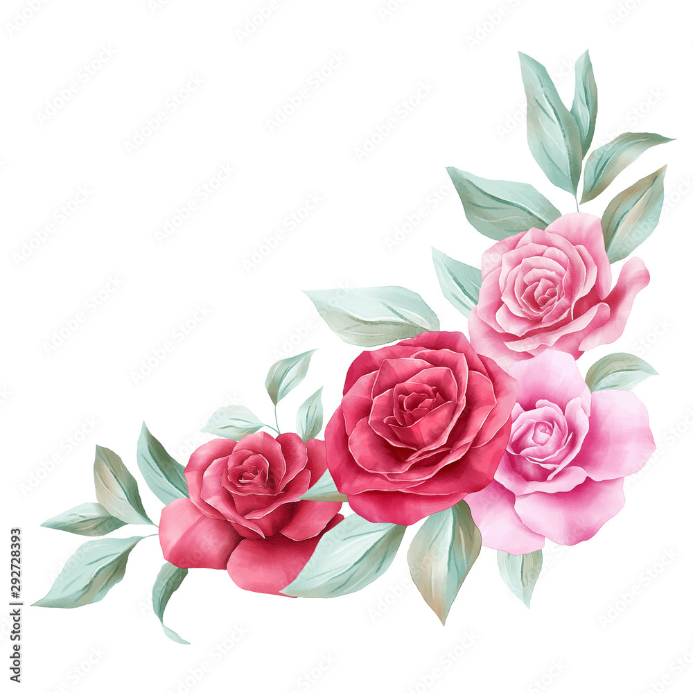 Floral decoration for wedding invitation card border. Corner watercolor flowers illustration of red and peach roses, leaves, branches composition isolated white background