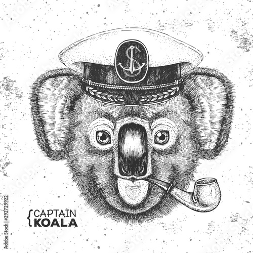 Hipster animal koala captain's cap and smoking pipe. Hand drawing Muzzle of koala