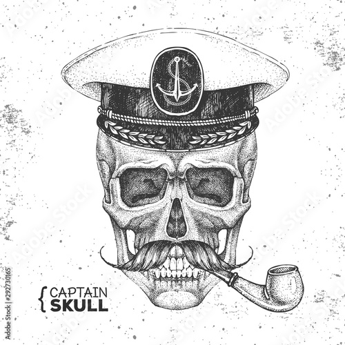 Hand drawing hipster skull with captain's cap and smoking pipe on grunge background. Hipster fashion style
