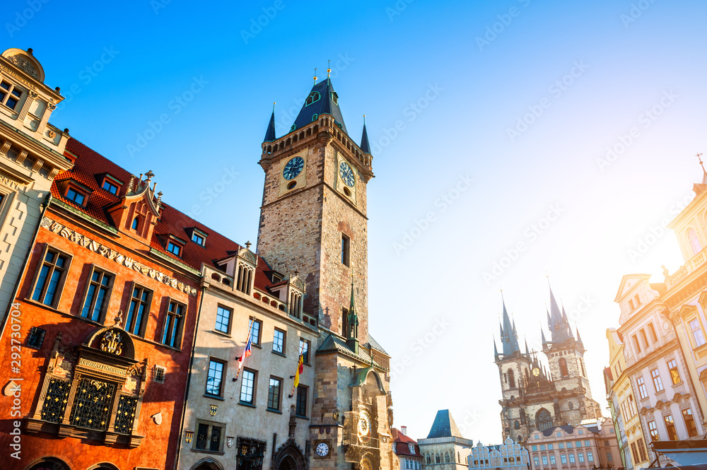 Old Town Square at sunrise in Prague, Czech Republic. Astronomical clock tower and Tyn church landmarks