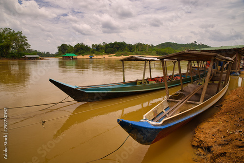 Colored wooden boats to transport passengers, moored in the jungle river of Taman Negara, Malaysia. © JavierBallesterLegua