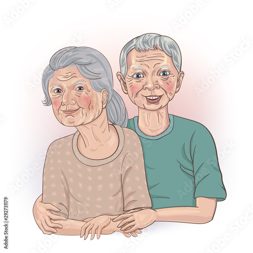 Senior couple with his arm around his wife's hand sitting together on white background. Enjoying of their retirement. vector illustration.