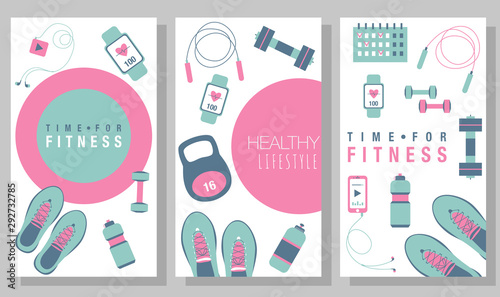 Social media templates designs. Fitness equipment: dumbbells, snickers, player, phone, watch, bottle, weight, jump rope. Fitness sport symbols. Gym workout equipment. Frame design templates. Vector