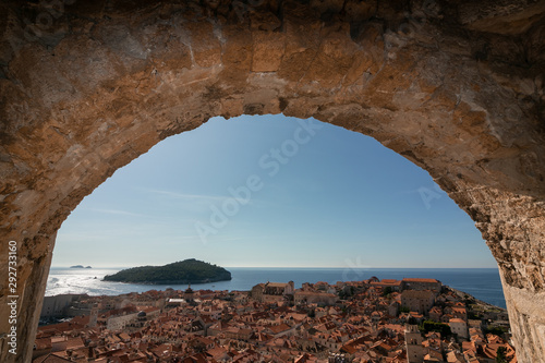 panoramic view from the Minceta fortress to the mediterranean old city roofs of Dubrovnik