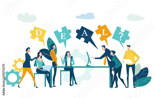 Team of professional people talking over the meeting, making a deal. Developing, taking a risk, support and solving the problem business concept illustration.
