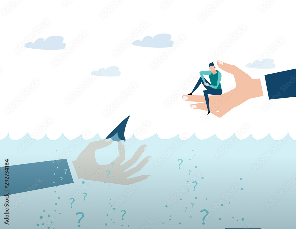 Fototapeta premium Businessmen and shark. Doubt and reality, modern business world, risk and opportunity. Man sitting on the edge of danger. Developing, taking a risk, support and solving the problem business concept