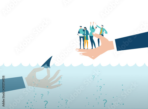 Businessmen people and shark. Doubt and reality, modern business world, risk and opportunity. Developing, taking a risk, support and solving the problem business concept