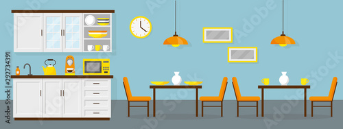 Dining room witn small kitchen in the office. Interior vector illustration.