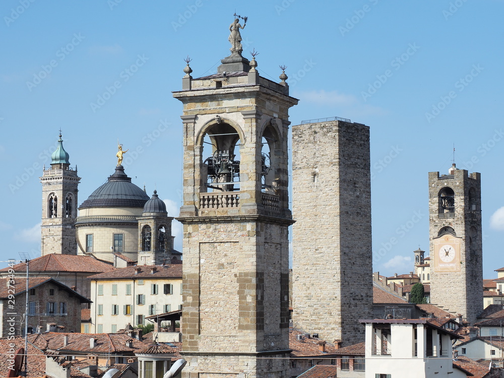 Bergamo, Italy. Landscape at the towers and domes of the old town. One of the most beautiful cities in Italy