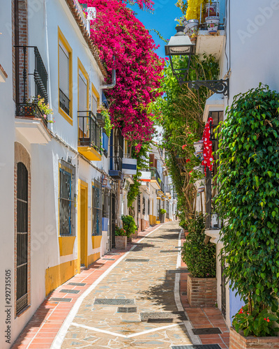 Fototapete A picturesque and narrow street in Marbella old town, province of Malaga, Andalusia, Spain