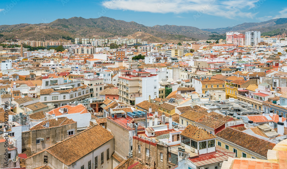 Panoramic sight in Malaga from the Cathedral roof. Andalusia, Spain.