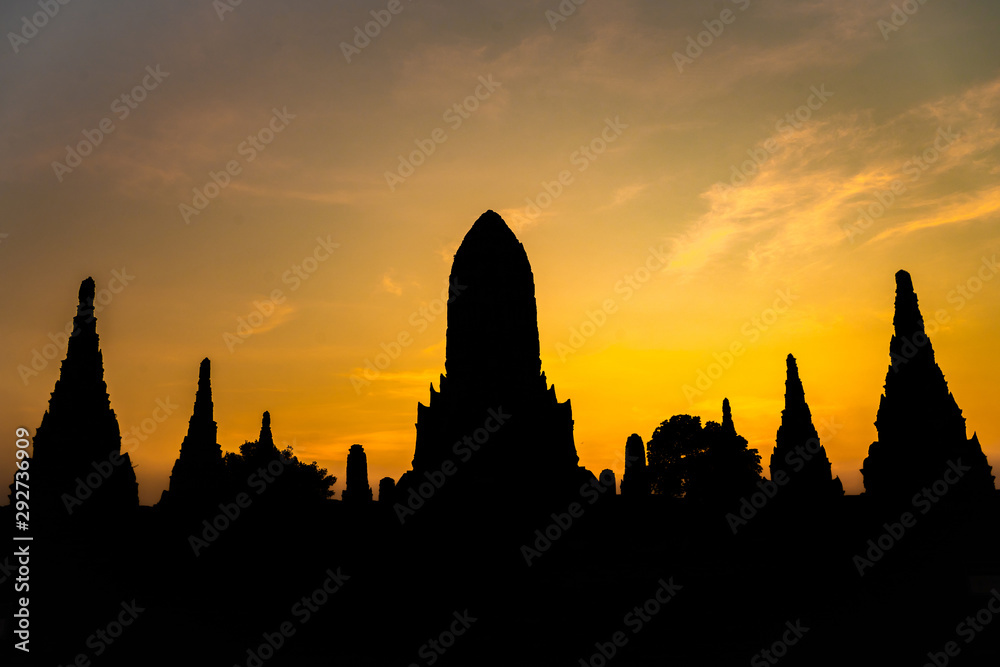 silhouette shape of Wat Chaiwatthanaram an ancient temple in Ayudhya Thailand tourist attraction