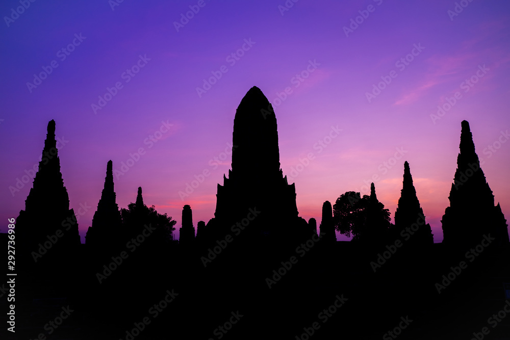 silhouette shape of Wat Chaiwatthanaram an ancient temple in Ayudhya Thailand tourist attraction