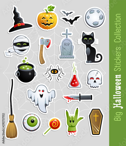 Big collection of Halloween Stickers. Cute cartoon characters and holiday elements. Vector illustration.