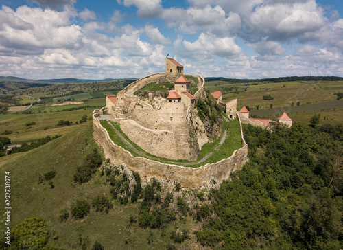 Canvas Print Aerial panoramic view of Rupea Fortress, Transylvania, Romania in sunny day with blue sky