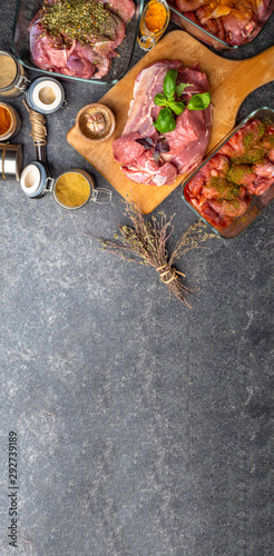 banner of raw meat with herbs , spices, sauces on concrete background. Top view, flat lay