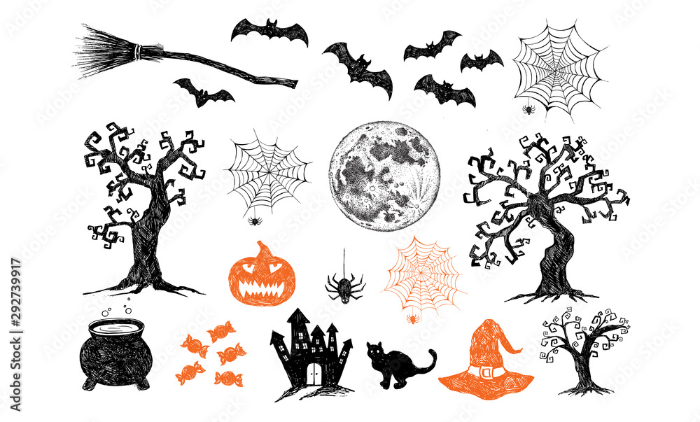 Halloween symbols hand drawn illustrations. 