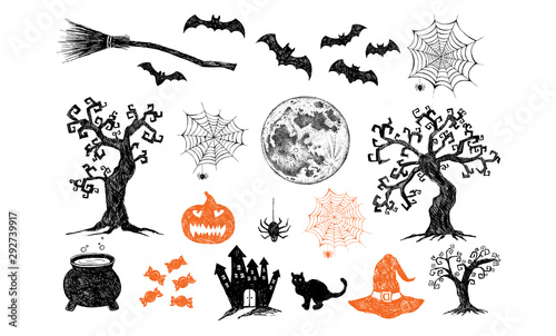 Halloween symbols hand drawn illustrations. 