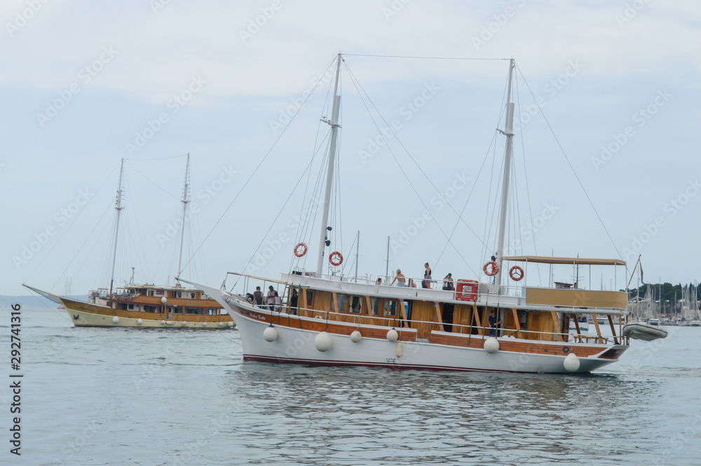 Traditional wooden sailboat in port of Split, Croatia on June 15, 2019.