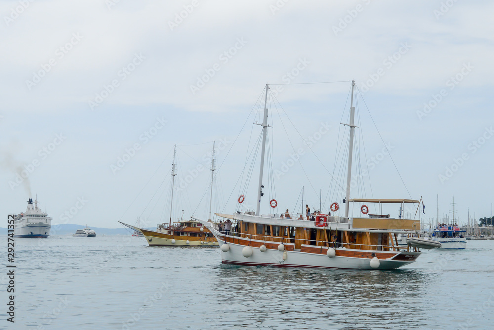 Traditional wooden sailboat in port of Split, Croatia on June 15, 2019.