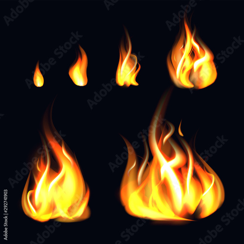 Realistic 3d Detailed Fire Flame Set. Vector