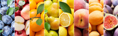 food collage of fresh fruits as background, top view