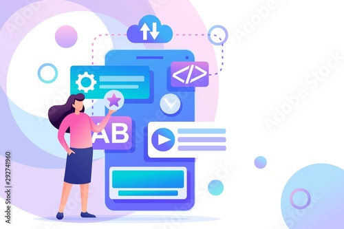 Young girl is engaged in the creation of a mobile application, working on the phone screen. Flat 2D character. Concept for web design