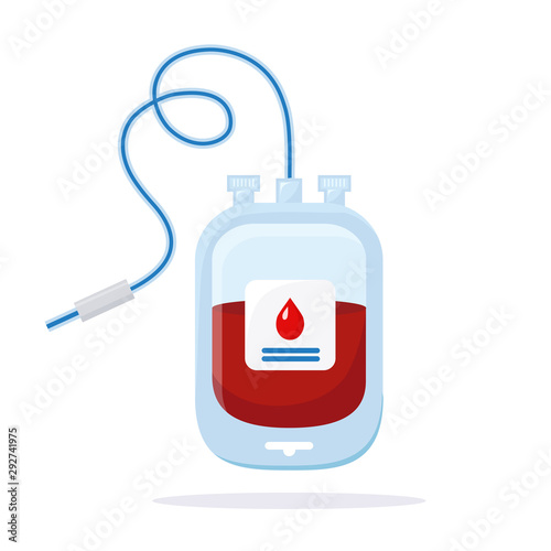 Blood bag isolated on white background. Donation, transfusion in medicine laboratory concept. Save patient life. Vector flat design