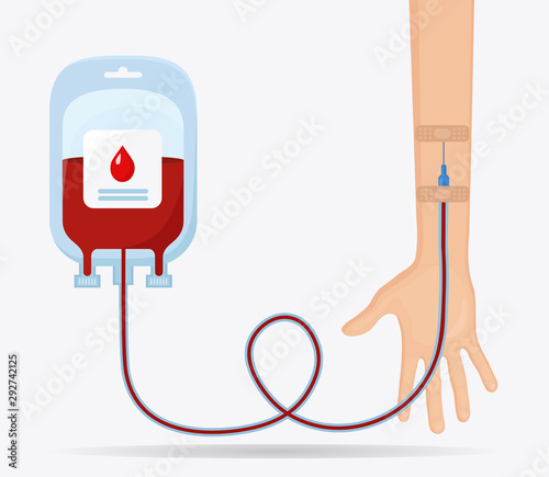 Blood bag with red drop and volunteer hand isolated on white background. Donation, transfusion in medicine laboratory concept. Save patient life. Vector flat design