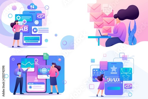 Set Flat 2D concepts Mobile app, UI UX Design, Super testing, Send message. For Concept for web design