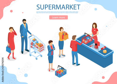 Supermarket Service Concept Card Landing Web Page Template. Vector