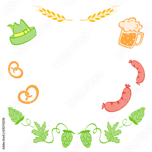 Oktoberfest, colorful vector illustrations isolated on the white background. Beer with different snacks. Traditional German festival. Poster with food and drinks.