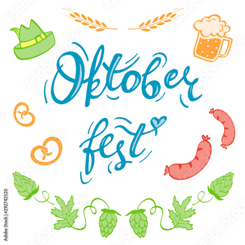 Oktoberfest, handwritten lettering with colorful vector illustrations isolated on the white background. Beer with different snacks. Traditional German festival. Poster with food and drinks.