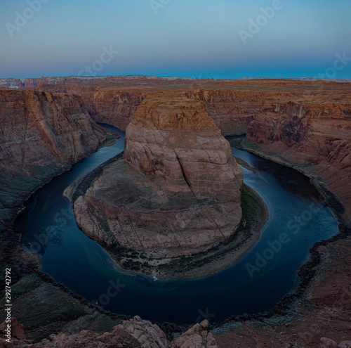 Horshoe Bend seen from the lookout area during twilight