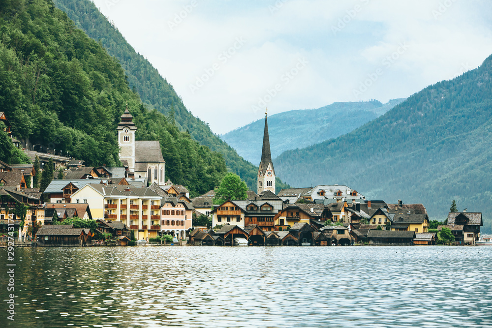 landscape view of hallstatt city in austrian alps