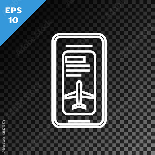 White line Smartphone with electronic boarding pass airline ticket icon isolated on transparent dark background. Passenger plane mobile ticket for web and app. Vector Illustration
