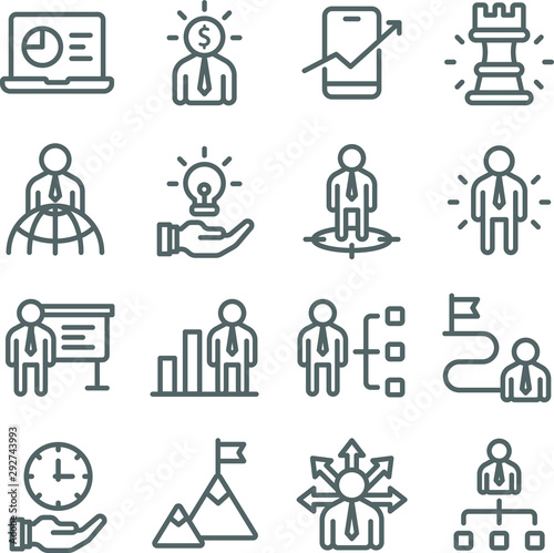 Business strategy icons set vector illustration. Contains such icon as head hunting, employee management and more. Expanded stroke