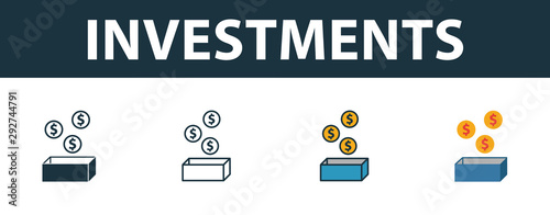 Investments icon set. Premium symbol in different styles from startup icons collection. Creative investments icon filled, outline, colored and flat symbols