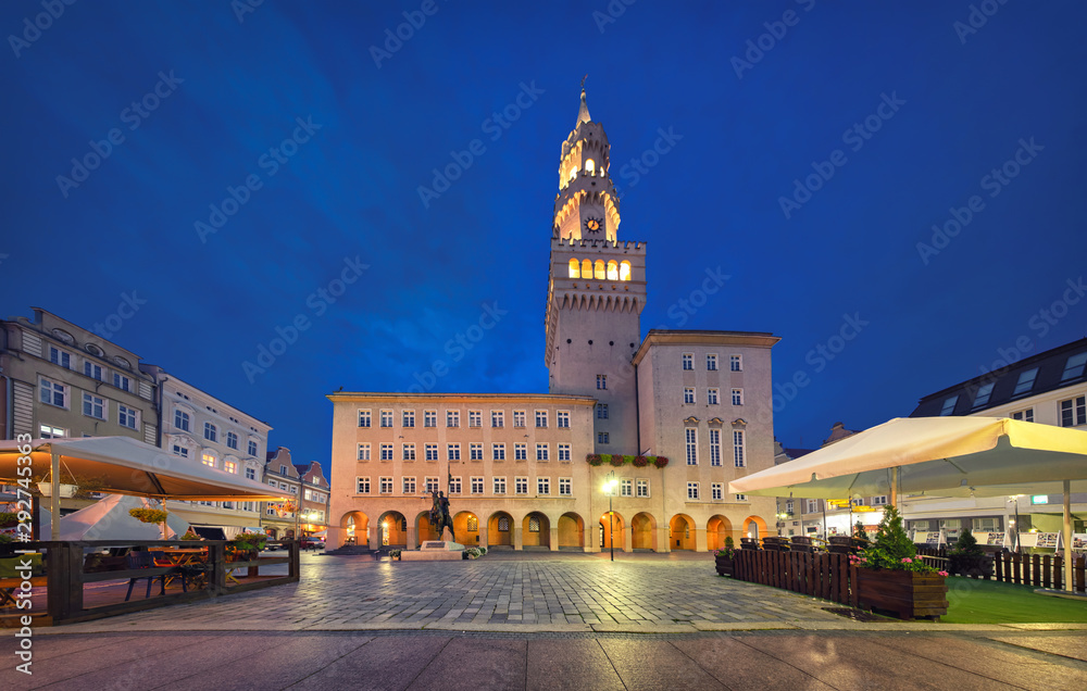 Opole, Poland. View of Rynek square with building of Town Hall at dusk