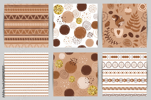 Coffee background seamless pattern set. Brown pattern with hand drawn round gold elements Fabric