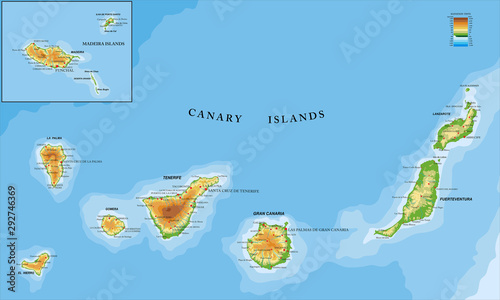 Canary and Madeira islands physical map